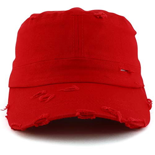 Armycrew Military Cadet Style Flat Top Distressed Vintage Cap - color: Red