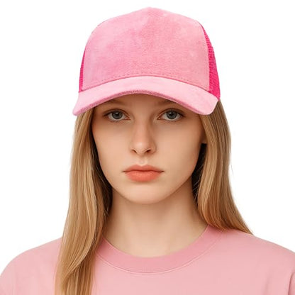 TopTie Suede Mesh Baseball Cap, Breathable Snapback Trucker Cap, 5-Panel Unisex Adjustable Sports Hat for Outdoor - color: Pink