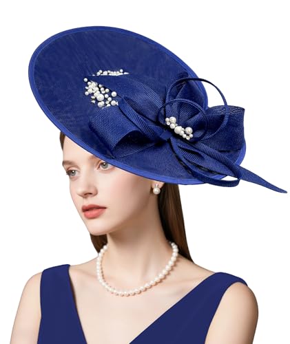dressfan Vintage Fascinator Hats for Women,Linen Pearl Fascinator for Derby Church Wedding Tea Party - color: Royal Blue