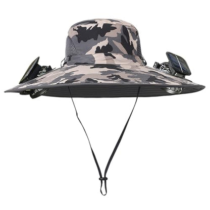 Men Women Wide Brim Sun Hats with 2 Solar Fan Waterproof Breathable Bucket Hat Outdoor Fishing Hat for Hiking Camping - color: Camo Khaki Grey