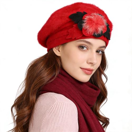 Women’s Vintage Wool Beret Winter Hats Elegant French Beret Beanie Dress Hat for Ladies - color: Br022-red