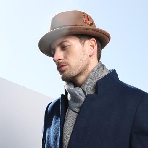 Home Prefer Men's Wool Felt Winter Hat Short Brim Fedora Hat with Feather - color: Brown