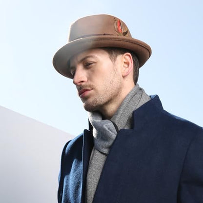 Home Prefer Men's Wool Felt Winter Hat Short Brim Fedora Hat with Feather - color: Brown