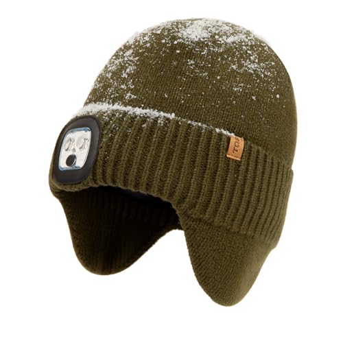 TOP-EX DryKnit™ Waterproof 50% Merino Wool LED Beanie Hat with Ear Flaps - color: Green, size: X-Large-XX-Large