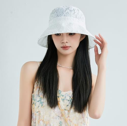 Summer Hats Women 2026 Fashionable Wide Brim Bucket Hat Lace Sunhat Slouchy - color: White