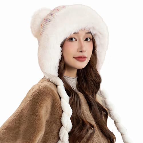 HUAMULAN Women Winter Sherpa Knit Beanie Hat Fleece Lined Ear Flaps - color: White With Pom