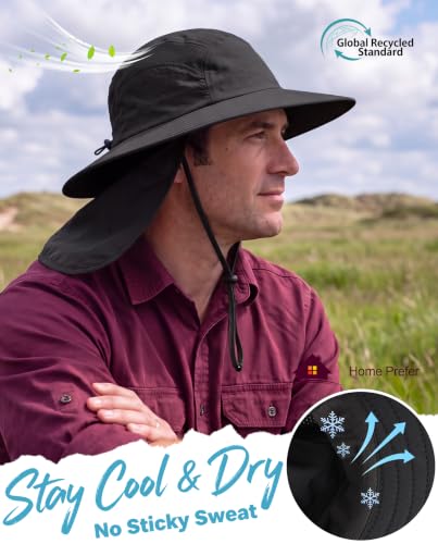 Home Prefer UPF 50+ Sun Hat with Neck Flap Wide Brim Fishing Hat for Men - color: Black