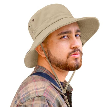Unisex Cotton Boonie Hat Summer Fishing Bucket Hat Sun Hat with String - color: Solid Khaki