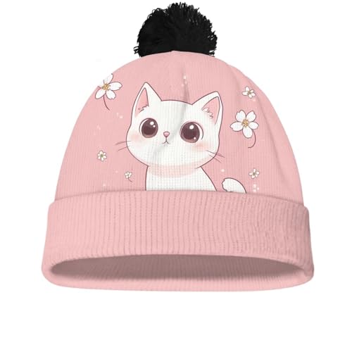 Girls Boys Winter Warm Knit Beanie Pompom Elasticity Slouchy Hat Skull Caps for Childrens - color: Cute Cat and Flower