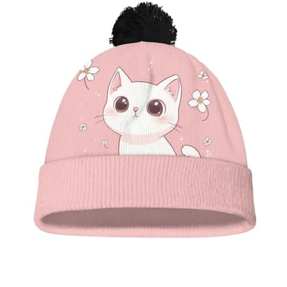 Girls Boys Winter Warm Knit Beanie Pompom Elasticity Slouchy Hat Skull Caps for Childrens - color: Cute Cat and Flower