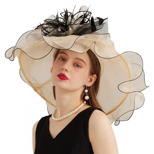 Women Organza Church Derby Hat Wide Brim Sun Caps for Wedding Tea Party Hat with Detachable hat Flower as Headgear - color: 11-beige
