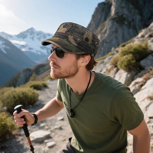 Military Cadet Army Cap for Men Women – Washed Cotton Vintage Adjustable Flat Top Hat - color: Woodland Camo