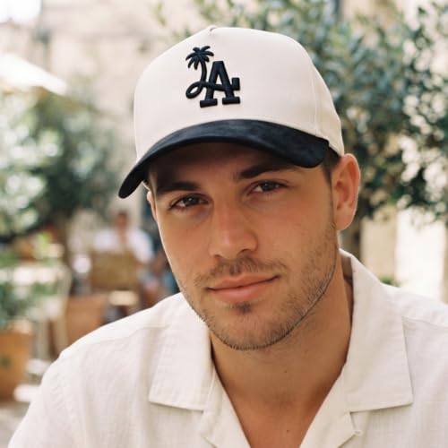 LA Palm Tree Baseball - Premium A-Frame Snapback One Size Fits All Men's and Women's Hat Adjustable Cotton Suede - color: Off White With Black