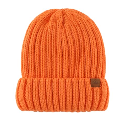 Home Prefer Mens Winter Hat Wool Fleece Lined Knit Beanie Hat Warm Stocking Caps - color: Orange