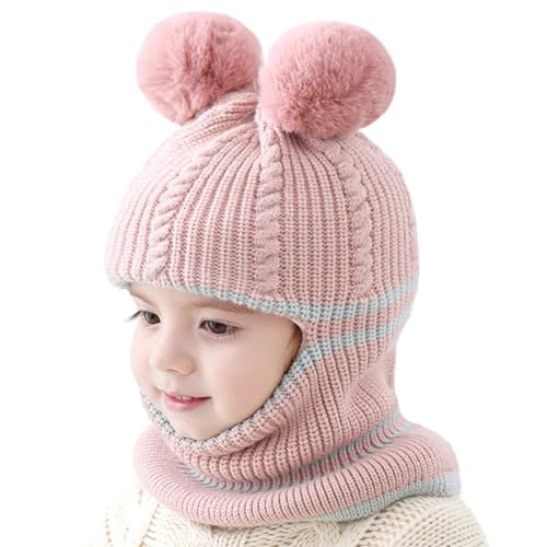 Toddler Winter Hat Baby Balaclava 2 in 1,Fleece Lined Knitted Beanie with Face Mask, Ear Flaps & Pom Pom for Boys Girls - color: Bear-pink+dark Blue