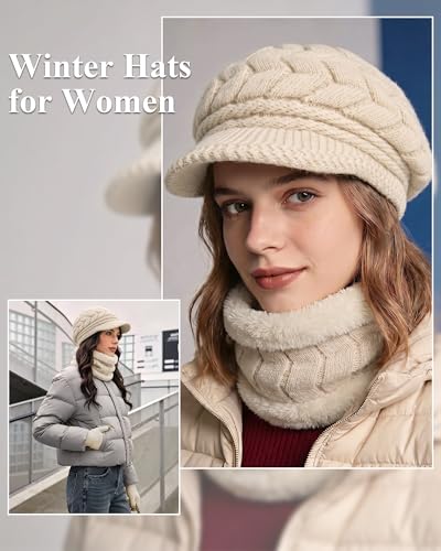 Loritta 3 in 1 Womens Winter Hat Gloves Scarf Set, Warm Hat Mittens - color: Beige
