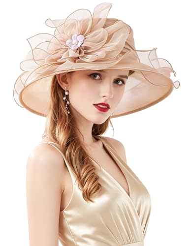 Women Derby Fascinator Hat Organza Church Wedding Hats Wide Brim Cocktail Tea Party Hat - color: 07 Khaki