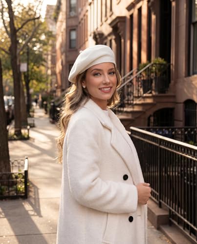 Women's Knitted Beret, French Style Double Layer Winter Autumn Warm and Soft Beanie Hat Cap - color: White