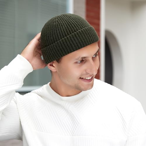 3 Pack Wool Fisherman Beanies for Men, Short Knit Watch Cap Cuffed Hats - color: B-black, Gray, Dark Green