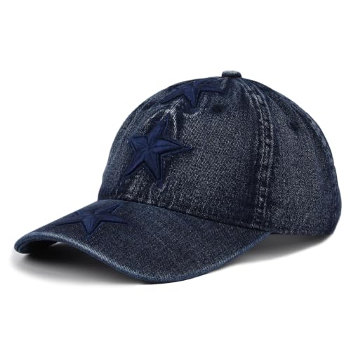 Unisex 3D Star Embroidered Washed Denim Baseball Cap Vintage Men Dad Hat - color: Navy