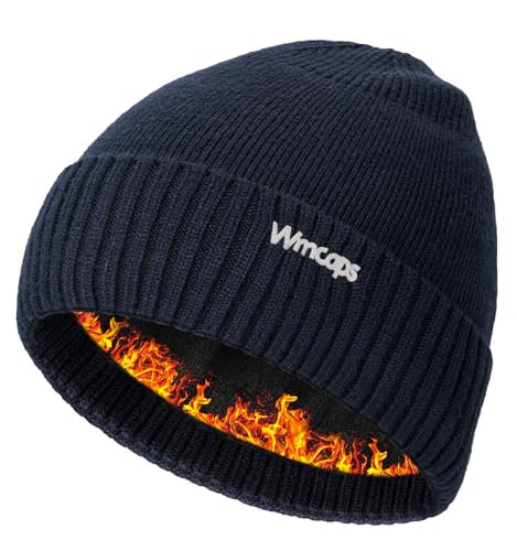 Wmcaps Winter Fleece Lined Beanie Stocking Cap with Reflective Logo - color: Navy Blue