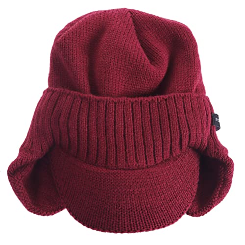 Ruphedy Mens Beanie with Brim Winter Hat Knitted Thick Fleece Visor Beanie - color: B323-claret