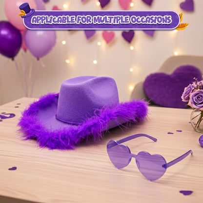 4E's Novelty Cowboy Hat with feathers With Heart Shaped Sunglasses for Women, Felt Cowgirl Hat for Party Costume Dress Up - color: Purple