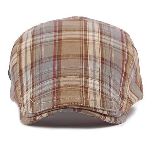 Summer Tartan Plaid Newsboy Cap Adjustable Cotton Gatsby Cabbie Outdoor Sun Flat Hat - color: Khaki