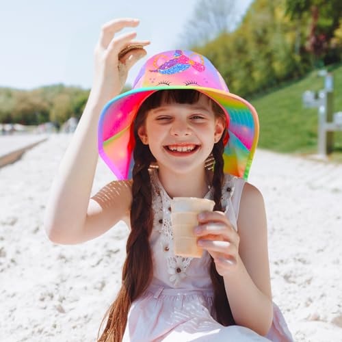 Girls Sun Hat for Kids UV Protection Unicorn Summer Hat Beach Play Hats Wide Brim Neck Flap for Girls Ponytail Hat 2-9 Years - color: Rainbow Unicorn