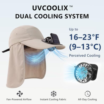 TOP-EX UVCoolix™ Cooling Neck Flap Baseball Sun Cap with Solar Fan - color: Beige, size: Large-X-Large