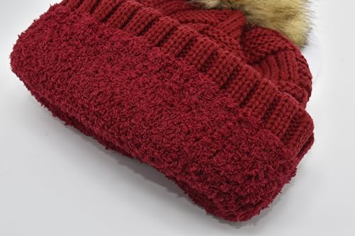 C.C Knit Beanie Hat – Fuzzy Fleece Lined Warm Winter Hat, Faux Fur Pom Soft Stretchy Slouchy Knit Cap, Cold Weather Beanie - color: Red