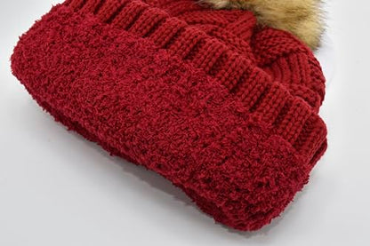 C.C Knit Beanie Hat – Fuzzy Fleece Lined Warm Winter Hat, Faux Fur Pom Soft Stretchy Slouchy Knit Cap, Cold Weather Beanie - color: Red