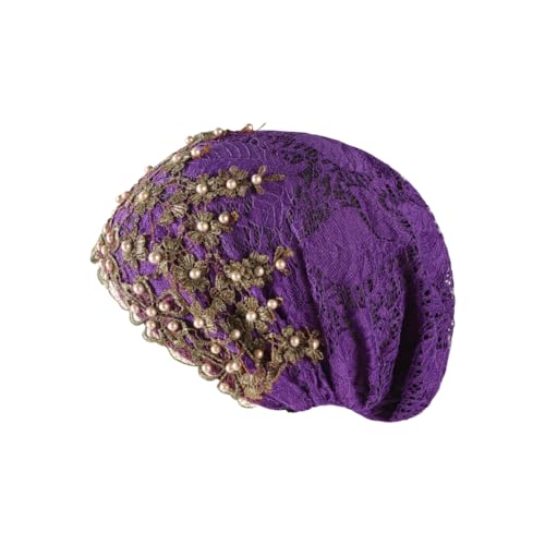 haozaikeji Women Flower Turban Hat Rhinestones Muslim Islamic Head Wrap African Pearl Turban Soft Stretchy Head Cover - color: Purple