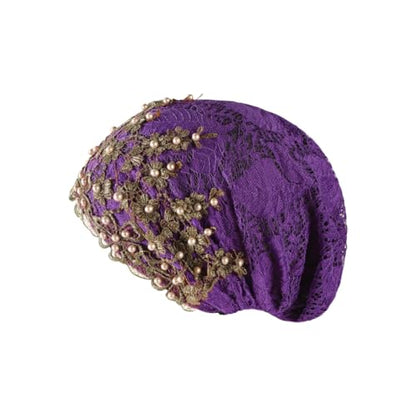 haozaikeji Women Flower Turban Hat Rhinestones Muslim Islamic Head Wrap African Pearl Turban Soft Stretchy Head Cover - color: Purple