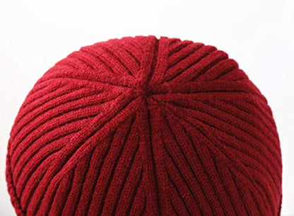 Connectyle Fleece Lined Beanie Hat for Men Women Warm Winter Hats with Earflaps Stretchy Ribbed Knit Skull Cap - color: Wine Red