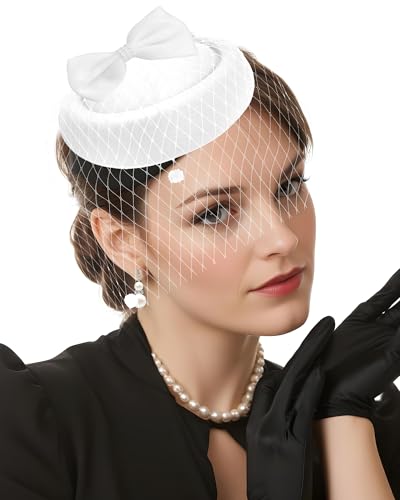 Pillbox Hat with Veil Vintage Fascinators for Women Tea Party Bridal Wedding Halloween First Communion Hats - color: White