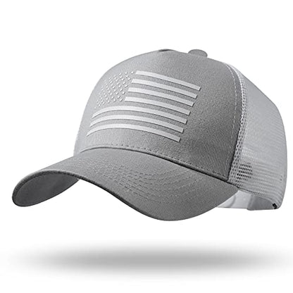 American Flag Trucker Hat - Snapback Hat, Baseball Cap for Men Women - Breathable Mesh Side, Adjustable Fit - for Casual Wear - color: Gray/White