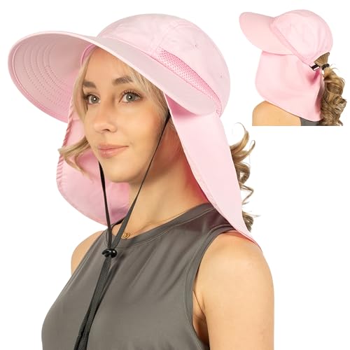 SUN CUBE Womens Sun Hat UPF 50+ with Ponytail Hole & Neck Flap - color: Pink