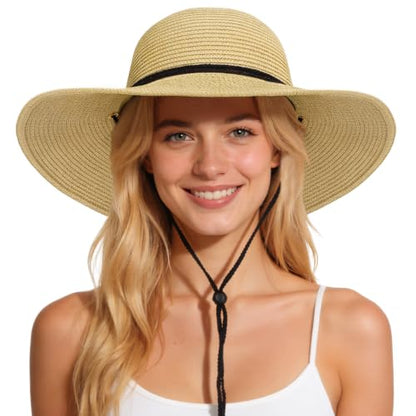 Sun Hats for Women, Summer Wide Brim Straw Beach Hat - color: Beige, size: X-Large