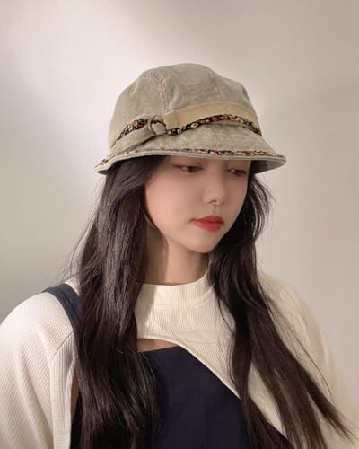 Women Denim Bucket Hat Brim with Floral Foldable Versatile Cap - color: Khaki