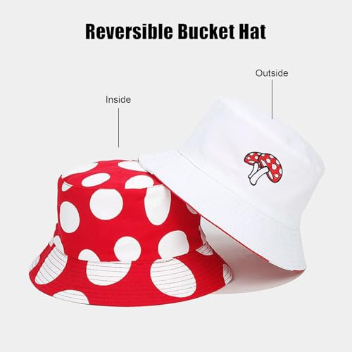 Bucket Hat for Women Men, Cotton Reversible Double Side Wear Sun Hats Beach Fisherman Hat - color: Mushroom Dots