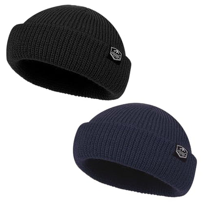 Fisherman Beanie Roll-up Edge Trawler Beanie Skullcap Watch Hat Knit Short Cap - color: Black+navy Blue