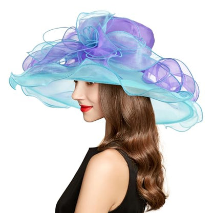 2026 Derby Hats for Women Ladies, Classy Organza Sun Hat, Church Tea Party Wedding Kentucky Fascinator Hat - color: J-2462-purple-blue