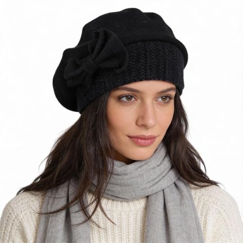 Women’s Vintage Wool Beret Winter Hats Elegant French Beret Beanie Dress Hat for Ladies - color: Black