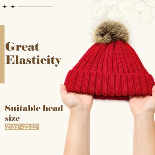 Satin Lined Beanie for Women with Detachable Pom Pom, Winter Cuffed Hat - color: Wine Red
