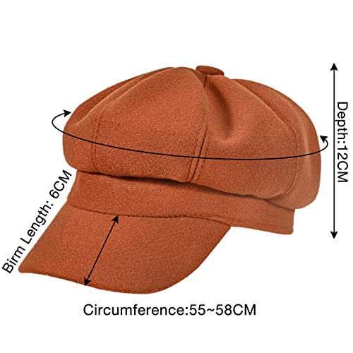 Women’s Newsboy Cap Wool Blend Retro Solid Color Girls Fashion Gatsby Cabbie Visor Beret Hat - color: Caramel
