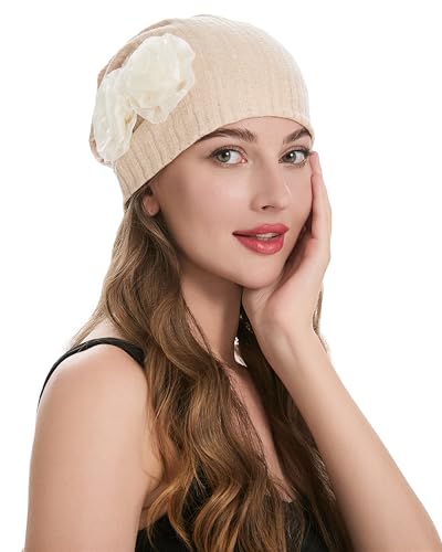 ZLYC Women Slouchy Beanie Hat Summer Knit Chemo Headwear - color: Flower Beige