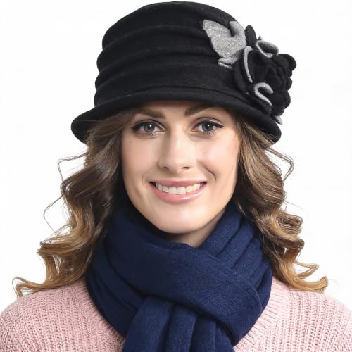 Vintage Women Floral Wool Dress Cloche Winter Hat 1920s - color: C020-d-black