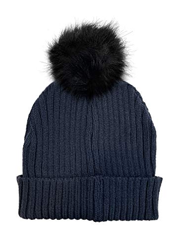 Women's Slouchy Winter Beanie Hat with Removable Faux Fur Pom - color: Navy/Black Pom