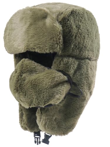 Ushanka Winter Trapper Hat Men Women Faux Rabbit Fur Russian Aviator Hat with Ear Flaps Face Mask Warm Cold Weather - color: Army-green
